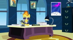 Size: 2160x1192 | Tagged: safe, screencap, spitfire, pegasus, pony, g4, wonderbolts academy, autograph, clothes, desk, drill sergeant, female, lamp, mare, necktie, poster, solo, spitfire's office, spitfire's tie, suit, uniform, whistle necklace, window, wonderbolts dress uniform