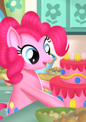 Size: 2480x3508 | Tagged: safe, artist:leonkay, pinkie pie, earth pony, pony, g4, baking, bowl, cake, female, food, high res, kitchen, mare, messy, open mouth, open smile, smiling, solo