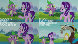 Size: 2000x1125 | Tagged: safe, edit, edited screencap, editor:quoterific, screencap, discord, spike, starlight glimmer, draconequus, dragon, pony, unicorn, a matter of principals, g4, season 8, implied rarity, water, winged spike, wings