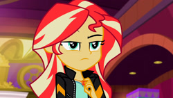 Size: 3072x1727 | Tagged: safe, screencap, sunset shimmer, human, equestria girls, equestria girls specials, g4, my little pony equestria girls: mirror magic, clothes, eyebrows, female, frown, geode of empathy, jacket, jewelry, leather, leather jacket, magical geodes, necklace, raised eyebrow, solo