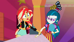 Size: 3072x1727 | Tagged: safe, screencap, juniper montage, sunset shimmer, human, equestria girls, equestria girls specials, g4, my little pony equestria girls: mirror magic, clothes, duo, duo female, female, frown, gasp, geode of empathy, glasses, jacket, jewelry, leather, leather jacket, magical geodes, necklace, open mouth