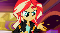 Size: 3072x1727 | Tagged: safe, screencap, sunset shimmer, human, equestria girls, equestria girls specials, g4, my little pony equestria girls: mirror magic, clothes, female, frown, geode of empathy, jacket, jewelry, leather, leather jacket, magical geodes, necklace, solo