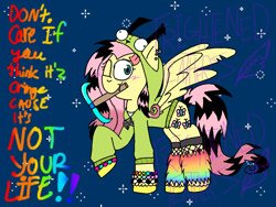 Size: 1024x768 | Tagged: safe, artist:frightenedfeathers, fluttershy, pegasus, pony, antonymph, cutiemarks (and the things that bind us), vylet pony, g4, bead bracelet, blush scribble, blushing, bracelet, clothes, cute, cute little fangs, diamond pickaxe, ear piercing, earring, fangs, fishnet stockings, fluttgirshy, gir, hoodie, invader zim, jewelry, looking at you, minecraft, mouth hold, obtrusive watermark, one eye closed, pickaxe, piercing, raised hoof, scene hair, solo, spread wings, standing, text, unshorn fetlocks, watermark, wings, wink