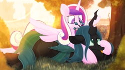 Size: 3840x2160 | Tagged: safe, artist:glutenfree_texmex, derpibooru exclusive, princess cadance, queen chrysalis, alicorn, changeling, changeling queen, pony, g4, 4k, blushing, bush, castle, crepuscular rays, cuddling, cute, evening, fangs, foliage, friendshipping, grass, hape, high res, hug, lens flare, lying down, non-consensual cuddling, not sure if want, open mouth, outdoors, personal space invasion, prone, smiling, snuggling, spread wings, summer, tackle, tongue out, tree, unamused, wings