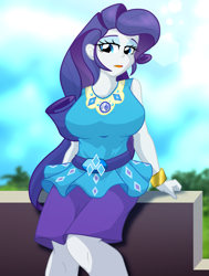 Size: 2119x2806 | Tagged: safe, artist:geraritydevillefort, rarity, human, equestria girls, equestria girls series, g4, arms, big breasts, bracelet, breasts, bust, busty rarity, clothes, female, geode of shielding, high res, jewelry, legs, long hair, magical geodes, makeup, open mouth, outdoors, rarity peplum dress, sitting, skirt, sleeveless, solo, teenager