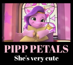 Size: 720x640 | Tagged: safe, edit, edited screencap, screencap, pipp petals, pegasus, pony, a little horse, g5, my little pony: make your mark, my little pony: make your mark chapter 4, spoiler:g5, spoiler:my little pony: make your mark, adorapipp, captain obvious, cute, fact, facts, female, mare, pillow, sick, smiling, solo, stained glass, truth, window