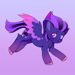 Size: 1000x1000 | Tagged: safe, artist:horseyuris, oc, oc only, oc:shadow galaxy, pegasus, pony, commission, cute, ethereal mane, female, gradient background, hooves, mare, open mouth, pegasus oc, smiling, solo, starry mane, starry tail, tail, unshorn fetlocks