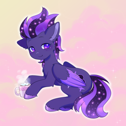 Size: 1400x1400 | Tagged: safe, artist:horseyuris, oc, oc only, oc:shadow galaxy, pegasus, pony, chocolate, commission, cute, ethereal mane, female, food, hooves, hot chocolate, mare, marshmallow, pegasus oc, smiling, solo, starry mane, starry tail, tail, unshorn fetlocks