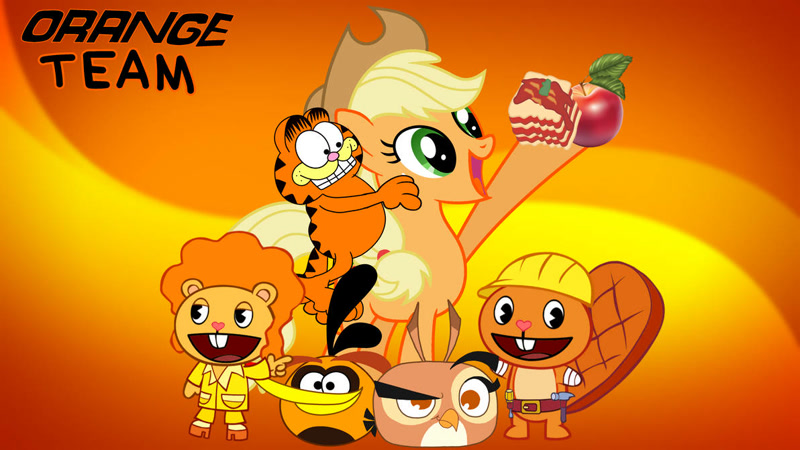 3145962 - safe, artist:fanvideogames, applejack, bear, beaver, bird, cat,  earth pony, owl, pony, g4, angry birds, angry birds stella, bubbles (angry  birds), dahlia (angry birds), disco bear, female, garfield, handy, happy  tree