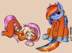 Size: 2048x1519 | Tagged: safe, artist:cosmiclitgalaxy, artist:cozziesart, fluttershy, rainbow dash, g4, blushing, bound wings, chains, clothes, commissioner:rainbowdash69, frustrated, jumpsuit, never doubt rainbowdash69's involvement, prison outfit, prisoner fs, prisoner rd, simple background, wings