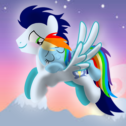 Size: 1400x1400 | Tagged: safe, artist:mlplary6, rainbow dash, soarin', pegasus, pony, g4, blushing, boyfriend and girlfriend, carrying, exhausted, female, flying, love, male, mare, mountain, romantic, ship:soarindash, shipping, sleeping, smiling, stallion, straight, sunset