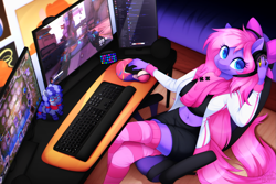 Size: 1620x1080 | Tagged: safe, artist:scarlet-spectrum, oc, oc only, oc:cinnabyte, oc:lillybit, earth pony, anthro, belly button, chair, clothes, commission, female, gamer, gaming chair, gaming headset, headset, keyboard, leaning back, looking at you, midriff, monitor, office chair, plushie, poké ball, pokémon, socks, solo, striped socks, thigh highs