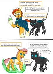 Size: 932x1290 | Tagged: safe, artist:termyotter, sunburst, thorax, changedling, changeling, pony, unicorn, g4, 2 panel comic, atg 2023, changedlingified, changelingified, comic, dialogue, male, newbie artist training grounds, open mouth, potion, simple background, species swap, speech bubble, stallion, transformation, white background