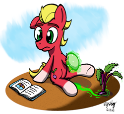 Size: 600x550 | Tagged: safe, artist:ebbysharp, sprout cloverleaf, earth pony, pony, g5, atg 2023, book, bracelet, coat markings, earth pony magic, frown, gardening, jewelry, looking at something, magic, male, newbie artist training grounds, radish, socks (coat markings), solo, stallion