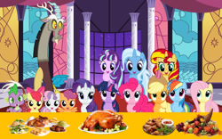 Size: 1132x706 | Tagged: safe, artist:darkmoonanimation, apple bloom, applejack, discord, fluttershy, pinkie pie, rainbow dash, rarity, scootaloo, spike, starlight glimmer, sunset shimmer, sweetie belle, trixie, twilight sparkle, bird, draconequus, dragon, earth pony, pegasus, pony, turkey, unicorn, g4, cutie mark crusaders, female, filly, foal, food, holiday, male, mane seven, mane six, mare, meat, pink mane, pink tail, tail, thanksgiving, wings, yellow coat