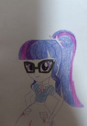 Size: 1415x2046 | Tagged: artist needed, source needed, safe, artist:铮, twilight sparkle, human, equestria girls 10th anniversary, equestria girls, g4, clothes, female, glasses, looking at you, skirt, smiling, smiling at you, solo, traditional art