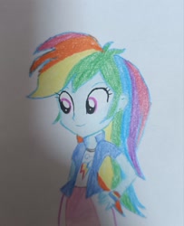 Size: 1558x1920 | Tagged: artist needed, source needed, safe, artist:铮, rainbow dash, human, equestria girls 10th anniversary, equestria girls, g4, eyebrows, female, hand on hip, smiling, solo, traditional art