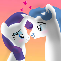 Size: 1400x1400 | Tagged: safe, artist:mlplary6, fancypants, rarity, pony, unicorn, g4, blushing, boyfriend and girlfriend, female, gradient background, heart, looking at each other, looking at someone, love, male, mare, romantic, ship:raripants, shipping, smiling, smiling at each other, stallion, straight, sunset