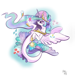 Size: 3995x4089 | Tagged: safe, artist:lytlethelemur, princess celestia, alicorn, seapony (g4), g4, absurd resolution, applejack's cutie mark, crown, dorsal fin, element of generosity, element of honesty, element of kindness, element of laughter, element of loyalty, element of magic, elements of harmony, ethereal mane, eyelashes, female, fin, fin wings, fins, fish tail, flowing mane, flowing tail, fluttershy's cutie mark, gem, hoof shoes, horn, jewelry, mare, ocean, peytral, pinkie pie's cutie mark, rainbow dash's cutie mark, rarity's cutie mark, regalia, requested art, seaponified, seapony celestia, signature, simple background, smiling, solo, species swap, starry mane, swimming, tail, twilight sparkle's cutie mark, underwater, water, white background, wings