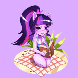 Size: 2480x2480 | Tagged: safe, artist:ikstina, twilight sparkle, human, equestria girls, g4, bare shoulders, blushing, clothes, flower, high res, humanized, looking at you, picnic, picnic blanket, pony ears, ponytail, reading, rock, simple background, sitting, sitting on knees, sleeveless, solo, swimsuit