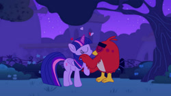 Size: 1192x671 | Tagged: safe, artist:fanvideogames, twilight sparkle, alicorn, bird, cardinal, pony, anthro, digitigrade anthro, g4, angry birds, anthro with ponies, crack shipping, crossover, crossover shipping, female, interspecies, kissing, male, red bird, shipping, straight, the angry birds movie, tree, twilight sparkle (alicorn), wing hands, wings, wtf