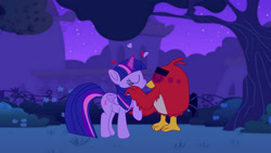 Size: 1192x671 | Tagged: safe, artist:fanvideogames, twilight sparkle, alicorn, bird, cardinal, pony, semi-anthro, g4, angry birds, crack shipping, crossover, crossover shipping, female, interspecies, kissing, male, red bird, shipping, straight, the angry birds movie, tree, twilight sparkle (alicorn), twired, wing hands, wings, wtf