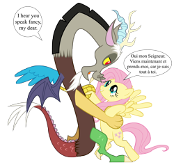 Size: 6310x6060 | Tagged: safe, artist:spottedlions, edit, vector edit, discord, fluttershy, draconequus, pegasus, pony, g4, absurd resolution, dancing, female, french, male, ship:discoshy, shipping, simple background, speaking fancy, speech bubble, straight, translated in the comments, transparent background, vector