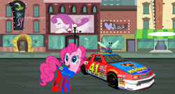 Size: 1217x657 | Tagged: safe, artist:fanvideogames, pinkie pie, g4, car, clothes, female, looking at you, nascar, racecar, racing suit