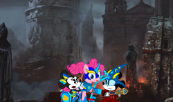 Size: 1166x686 | Tagged: safe, artist:fanvideogames, pinkie pie, g4, armor, armored pony, female, male, mickey mouse, minnie mouse