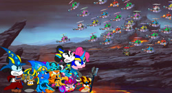Size: 1217x657 | Tagged: safe, artist:fanvideogames, pinkie pie, bird, cardinal, cat, cockatoo, earth pony, loon, mouse, pig, pony, robot, skunk, g4, angry birds, armor, armored pony, bomb, bomb (angry birds), bomb bird, female, galah, garfield, green pig, happy tree friends, male, mickey mouse, minnie mouse, object bird, petunia (happy tree friends), red bird, stella (angry birds), weapon, weapon bird