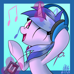 Size: 2000x2000 | Tagged: safe, artist:notadeliciouspotato, sea swirl, seafoam, pony, unicorn, g4, abstract background, atg 2023, blue background, bust, female, gradient background, headphones, high res, magic, mare, mp3 player, newbie artist training grounds, one eye closed, open mouth, open smile, raised hoof, signature, smiling, solo, telekinesis, wink