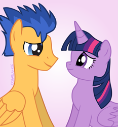 Size: 1565x1680 | Tagged: safe, artist:cosmicart16, flash sentry, twilight sparkle, alicorn, pegasus, pony, equestria girls 10th anniversary, g4, female, gradient background, looking at each other, looking at someone, male, mare, ship:flashlight, shipping, simple background, stallion, straight, twilight sparkle (alicorn)