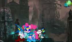 Size: 1166x685 | Tagged: safe, artist:fanvideogames, pinkie pie, earth pony, pony, g4, armor, armored pony, baby, baby pony, disney, female, male, mickey mouse, minnie mouse