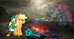 Size: 1230x649 | Tagged: safe, artist:fanvideogames, applejack, pinkie pie, g4, angry, crying, disney, donald duck, female, keyblade, kingdom hearts, male, mickey mouse, weapon