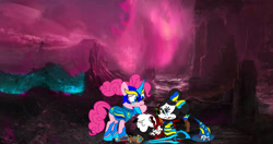 Size: 1230x649 | Tagged: safe, artist:fanvideogames, pinkie pie, earth pony, pony, g4, armor, armored pony, crying, death, disney, female, male, mare, mickey mouse, minnie mouse