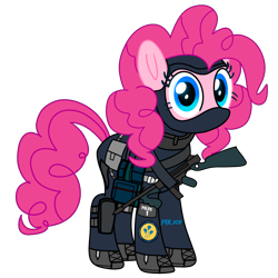 Size: 2800x2800 | Tagged: safe, artist:fanvideogames, pinkie pie, earth pony, pony, g4, female, gun, high res, looking at you, police, policemare, solo, weapon