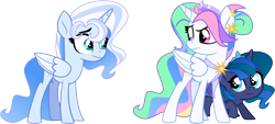 Size: 9849x4449 | Tagged: safe, artist:orin331, artist:shootingstarsentry, princess celestia, princess luna, oc, oc:frostine, alicorn, pony, g4, absurd resolution, base used, blue eyes, colored wings, ear piercing, earring, female, filly, filly celestia, filly luna, foal, folded wings, gradient wings, hair bun, hiding, jewelry, looking at each other, looking at someone, piercing, pink eyes, raised hoof, simple background, teal eyes, teenager, tiara, transparent background, trio, trio female, wings, woona, young celestia, young luna, younger