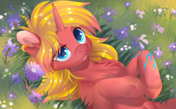 Size: 4000x2500 | Tagged: safe, artist:xvostic, oc, oc only, oc:cinnamon swirl, pony, unicorn, :o, chest fluff, ear piercing, earring, flower, grass, high res, jewelry, lying down, lying on the ground, on back, open mouth, piercing, scar, solo