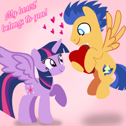 Size: 1400x1400 | Tagged: safe, artist:mlplary6, flash sentry, twilight sparkle, alicorn, pegasus, pony, g4, boyfriend and girlfriend, female, flying, heart, looking at each other, looking at someone, love, male, mare, ship:flashlight, shipping, smiling, smiling at each other, stallion, straight, text, twilight sparkle (alicorn)