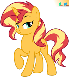 Size: 6600x7369 | Tagged: safe, artist:kuren247, sunset shimmer, pony, unicorn, equestria girls 10th anniversary, equestria girls, g4, eyebrows, female, horn, looking at you, mare, orange fur, raised eyebrow, raised hoof, show accurate, simple background, solo, transparent background, vector