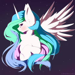 Size: 4000x4000 | Tagged: safe, artist:chura chu, princess celestia, alicorn, pony, g4, big ears, blushing, bust, female, fluffy, horn, impossibly large ears, long hair, long horn, long mane, male, portrait, shading, solo, spread wings, wings