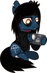 Size: 780x1205 | Tagged: safe, artist:lightningbolt, derpibooru exclusive, earth pony, pony, undead, zombie, zombie pony, g4, .svg available, bags under eyes, bloodshot eyes, bone, bring me the horizon, clothes, fangs, frown, hoof hold, lidded eyes, lip piercing, long sleeves, looking down, male, oliver sykes, piercing, ponified, scar, sega game gear, show accurate, simple background, sitting, solo, stallion, stitches, svg, tattoo, torn ear, transparent background, vector, video game