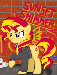Size: 1536x2048 | Tagged: safe, artist:twiny dust, derpibooru exclusive, sunset shimmer, pony, unicorn, equestria girls 10th anniversary, g4, brick wall, clothes, digital art, evil smile, female, graffiti, grin, jacket, leather, leather jacket, mare, show accurate, smiling, spray can, text