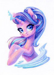 Size: 857x1200 | Tagged: safe, artist:maytee, starlight glimmer, pony, unicorn, g4, bust, colored pencil drawing, magic, portrait, simple background, smiling, solo, traditional art, white background