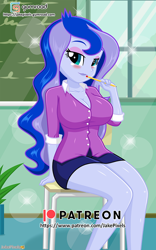 Size: 606x970 | Tagged: safe, artist:jakepixels, princess luna, vice principal luna, human, equestria girls, g4, blushing, breasts, busty princess luna, classroom, clothes, female, gumroad, gumroad logo, looking at you, miniskirt, patreon, patreon logo, png, sitting, skirt, solo, stupid sexy princess luna, sultry pose