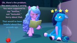 Size: 1920x1080 | Tagged: safe, artist:red4567, izzy moonbow, misty brightdawn, pony, unicorn, g5, 3d, apple, atg 2023, book, circling stars, dizzy, duo, duo female, female, food, harry potter (series), mare, newbie artist training grounds, reference, source filmmaker