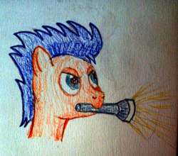 Size: 2798x2467 | Tagged: safe, artist:mildgyth, derpibooru exclusive, flash sentry, pony, equestria girls 10th anniversary, g4, flashlight (object), high res, mouth hold, solo, traditional art