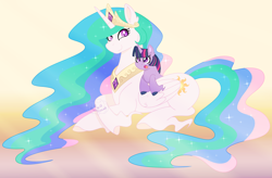 Size: 3244x2131 | Tagged: safe, artist:traveleraoi, princess celestia, twilight sparkle, alicorn, pony, unicorn, g4, :o, alternate hairstyle, colored pupils, crepuscular rays, crossed legs, crown, cute, cutelestia, digital art, duo, duo female, ear fluff, ethereal mane, ethereal tail, female, filly, filly twilight sparkle, flowing mane, flowing tail, folded wings, gradient background, high res, hooves, jewelry, lying down, mare, momlestia, open mouth, peytral, ponies riding ponies, prone, rainbow power, regalia, riding, smiling, sparkles, starry mane, starry tail, sunrise, tail, twiabetes, unicorn twilight, unshorn fetlocks, watermark, wide eyes, wings, younger