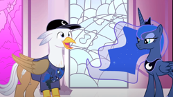 Size: 1280x720 | Tagged: safe, artist:mlp-silver-quill, princess luna, oc, oc:silver quill, after the fact, g4, after the fact:lovable luna, baseball cap, canterlot castle, cap, clothes, crown, hat, inner fan, jewelry, luna is not amused, peytral, regalia, shirt, this will end in a trip to the moon, unamused