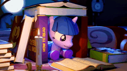Size: 1280x720 | Tagged: safe, artist:spectre-z, edit, editor:magnumfolf, sound edit, daring do, twilight sparkle, pony, unicorn, g4, journal of the two sisters, 3d, animated, bed, book, book fort, bookhorse, candle, clothes, cute, dark, female, golden oaks library, interior, loop, lying, lying down, magic, mare, moon, night, prone, reading, socks, solo, sound, striped socks, twiabetes, unicorn twilight, webm, window
